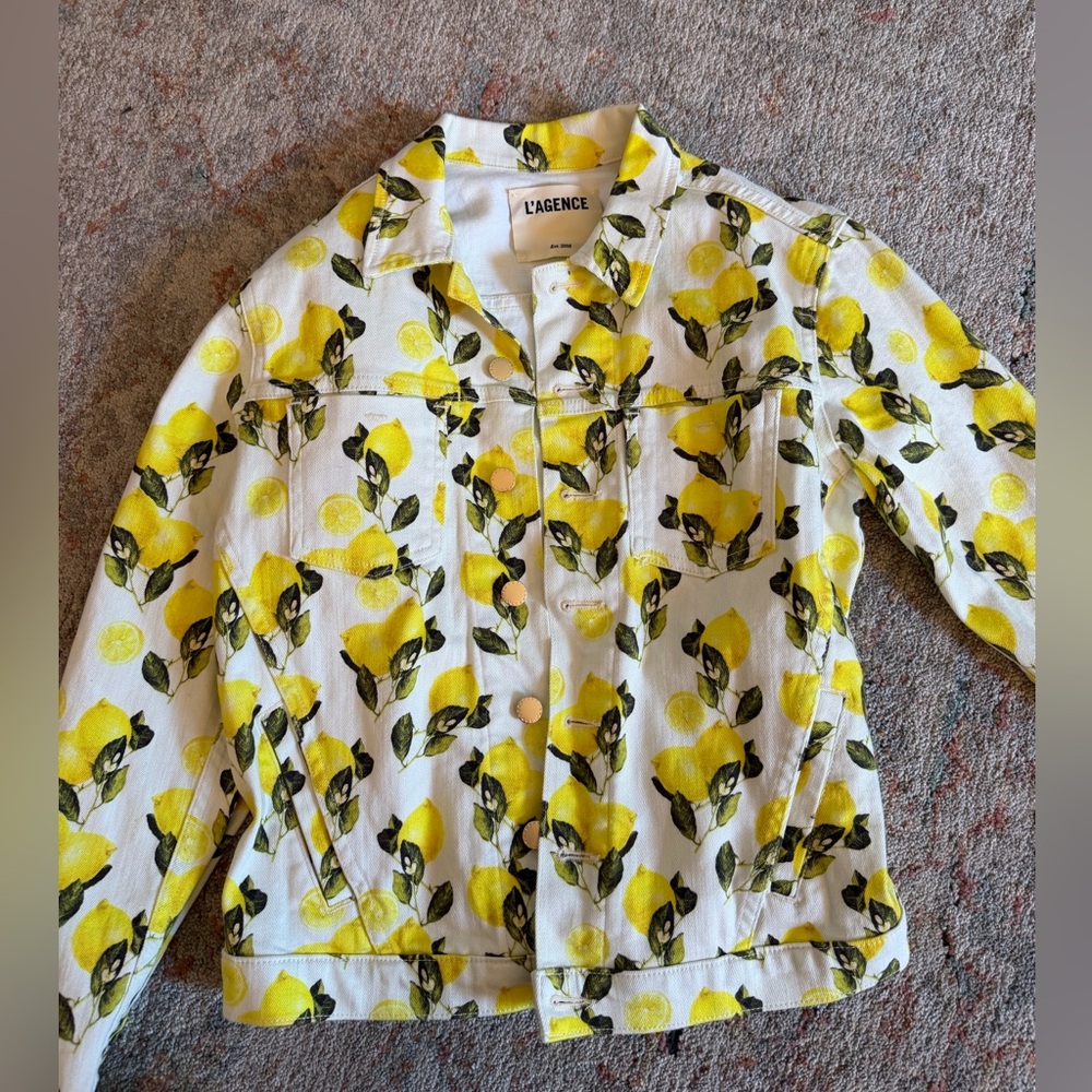 L’Agence Celine Lemon Print Denim Jacket Ivory Yellow Size Medium